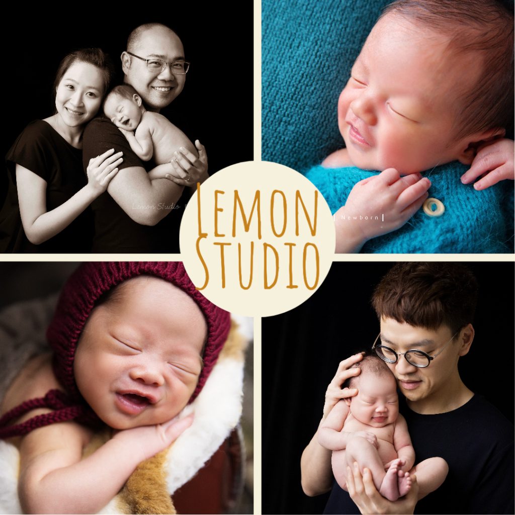 每次拍照拍到寶寶在睡夢中微笑，都是很難得的！這張是四張不同的新生兒寶寶在夢中笑得很開心的組合故事設計相片！