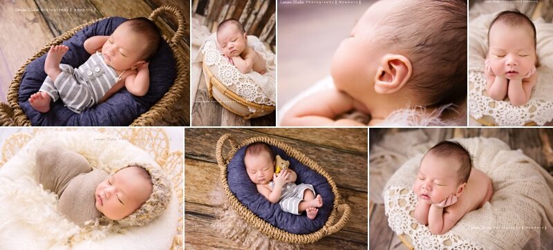 隨手分享新生兒寫真故事設計相片，這張故事設計相片組合了很多張寶寶的相片，有寶寶托著頭睡的、有寶寶躺著睡的、有寶寶趴著睡的，有一張寶寶躺著手放頭後，一腳翹腳丫好有趣好可愛！