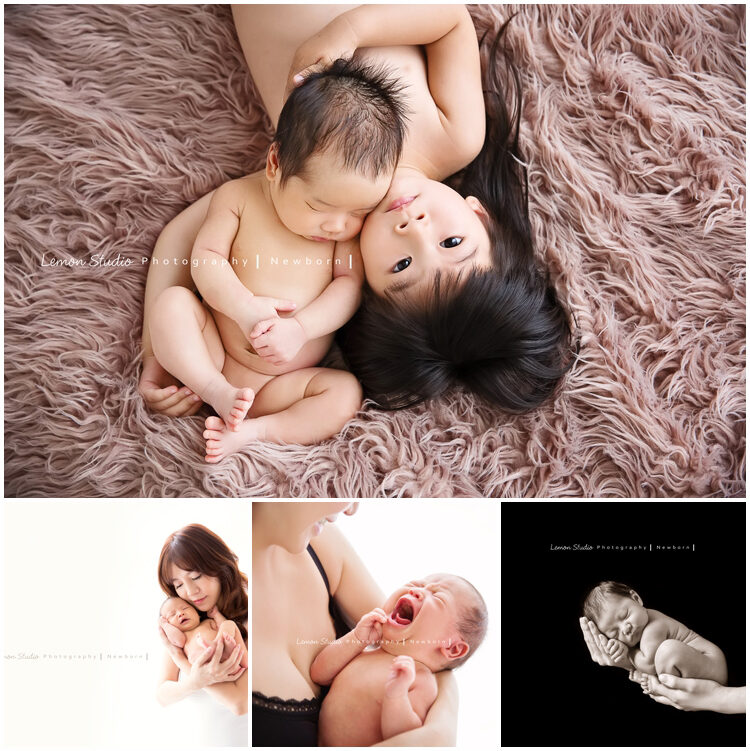 隨手分享新生兒攝影的一張故事組合相片，這張相片裡有新生兒寶寶跟姊姊的合照、寶寶跟媽麻的互動，寶寶的獨照等，好美的一張故事設計相片！