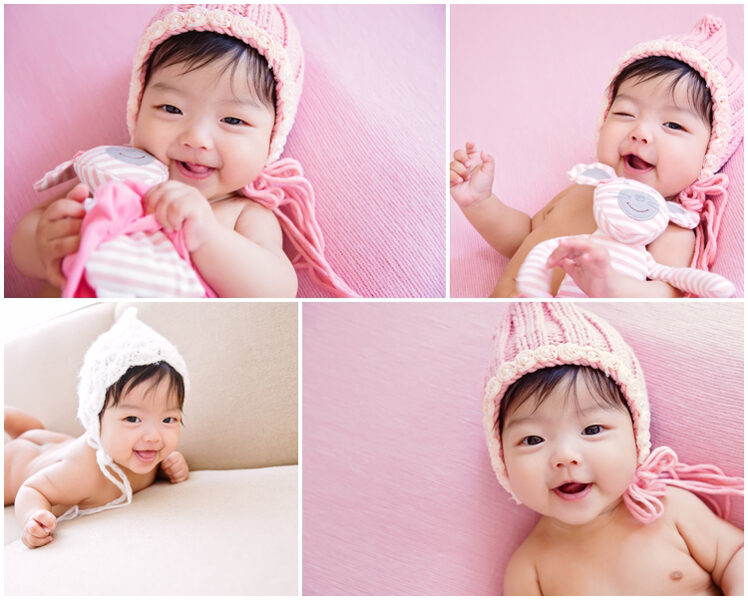 這張是隨手分享的寶寶攝影的相片，這個女寶寶超可愛的啊！戴粉紅的帽子躺在粉紅的布上，抱著粉紅色系的娃娃，整個好古錐！