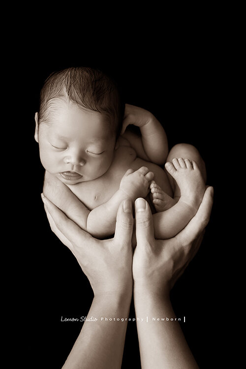 檸檬巷館的專業新生兒攝影，這張爸拔的手托住剛出生的寶寶，是一張很美很有藝術價值的黑白經典相片！