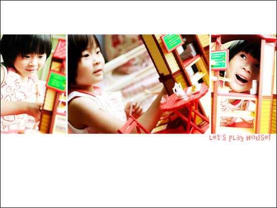 Isa媽媽邀請我們至家中拍照，當天拍照時，Isa玩起扮家家酒的遊戲，這張是這一系列相片的組合故事設計相片！