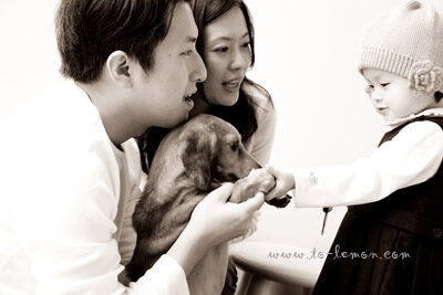 可愛的海柔跟爸拔媽麻一起來拍照,這張是爸拔媽麻及家裡的狗狗正在和海柔玩!好可愛的畫面!