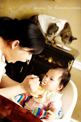 這天我們來到Caitlin位於信義區的家中拍照，這張相片非常有趣，媽麻正在為Caitlin吃飯，後面的貓咪也在吃飯呢！