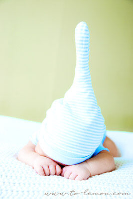 兩個月大的晟祐和爸拔媽麻一起來拍照，這張的晟祐整個趴在毯子裡睡，只看到尖尖的帽子，好有童趣的一張相片！