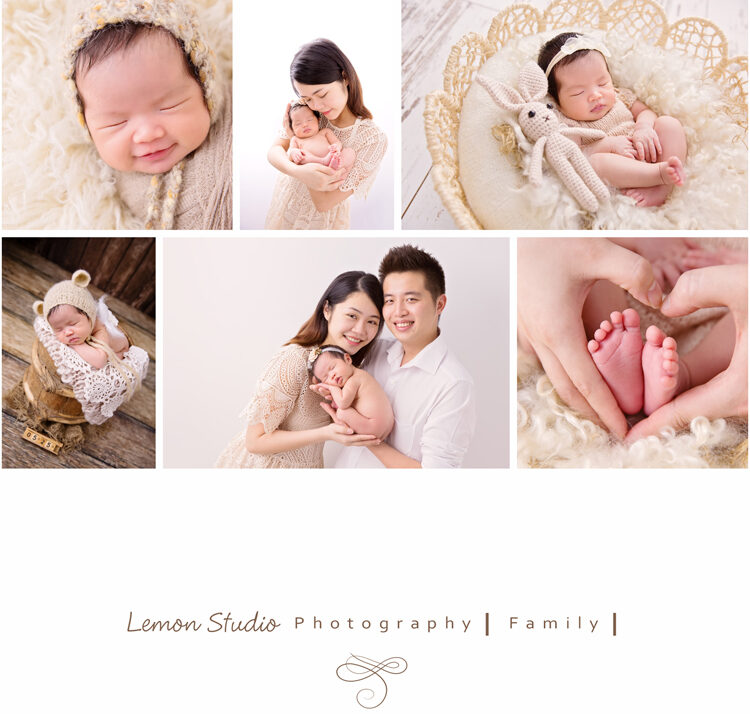 隨手分享的一張新生兒寶寶故事設計相片,這張故事設計相片裡有寶寶在睡夢中微笑的相片、有寶寶和爸拔媽麻的全家福、有寶寶和兔兔在花籃裡的相片、有媽麻的手及寶寶的腳丫,好有趣豐富的一張故事設計相片啊!