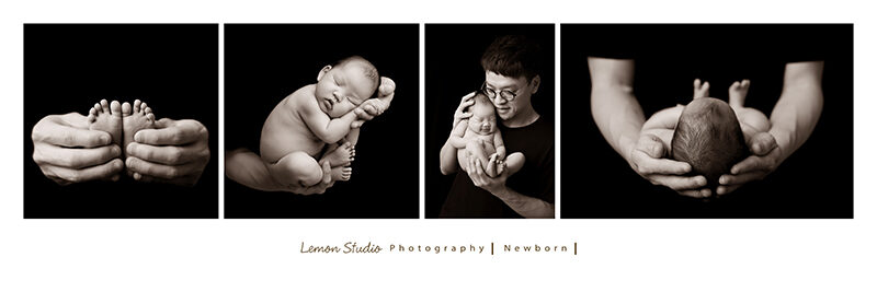 這張完全黑白的新生兒寫真故事設計相片,每一張都好美啊,有爸拔抱寶寶的相片、有寶寶的獨照、寶寶的腳丫丫!歷久彌新的黑白相片!