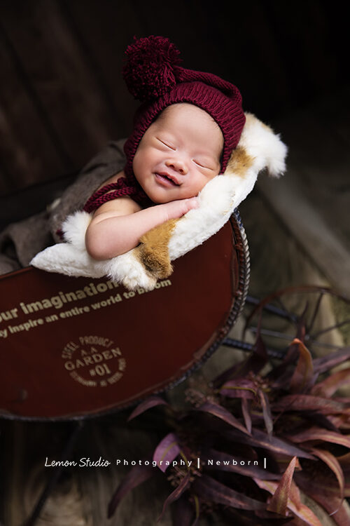 琬珊媽麻的三胞胎來檸檬巷館拍專業新生兒攝影，這張寶寶在夢裡微笑的相片好療癒啊！