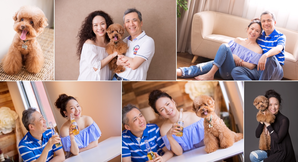 Monica及先生及寵物狗狗一起來拍照，這張是這一系列相片的組合故事設計相片！
