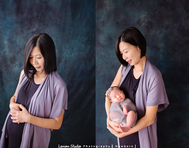 關於家庭攝影的服裝搭配＆元素，這張是Vivien媽麻穿同樣衣服、懷孕及抱剛出生的三寶的對比照！